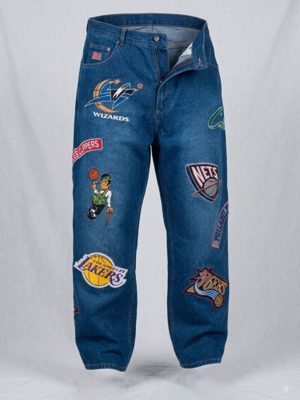 NBA VTG UNK Denim Jeans Basketball Team Patchwork SIZE 36 EUC Y2K Streetwear